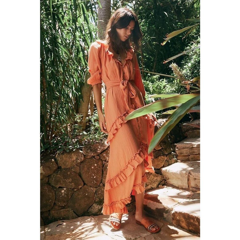 Free People Orange Ruffle Wrap Maxi Dress